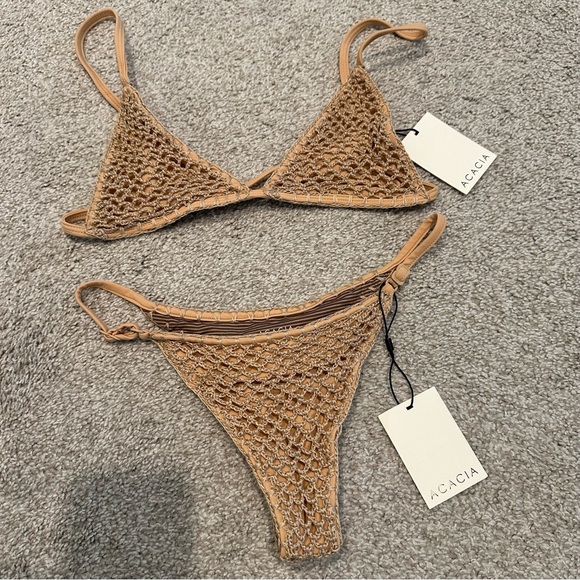 NWT Acacia Swimwear Tan Crochet Bikini - Baja Top (M) + Neema Bottom (S) in Oat - Picture 3 of 12